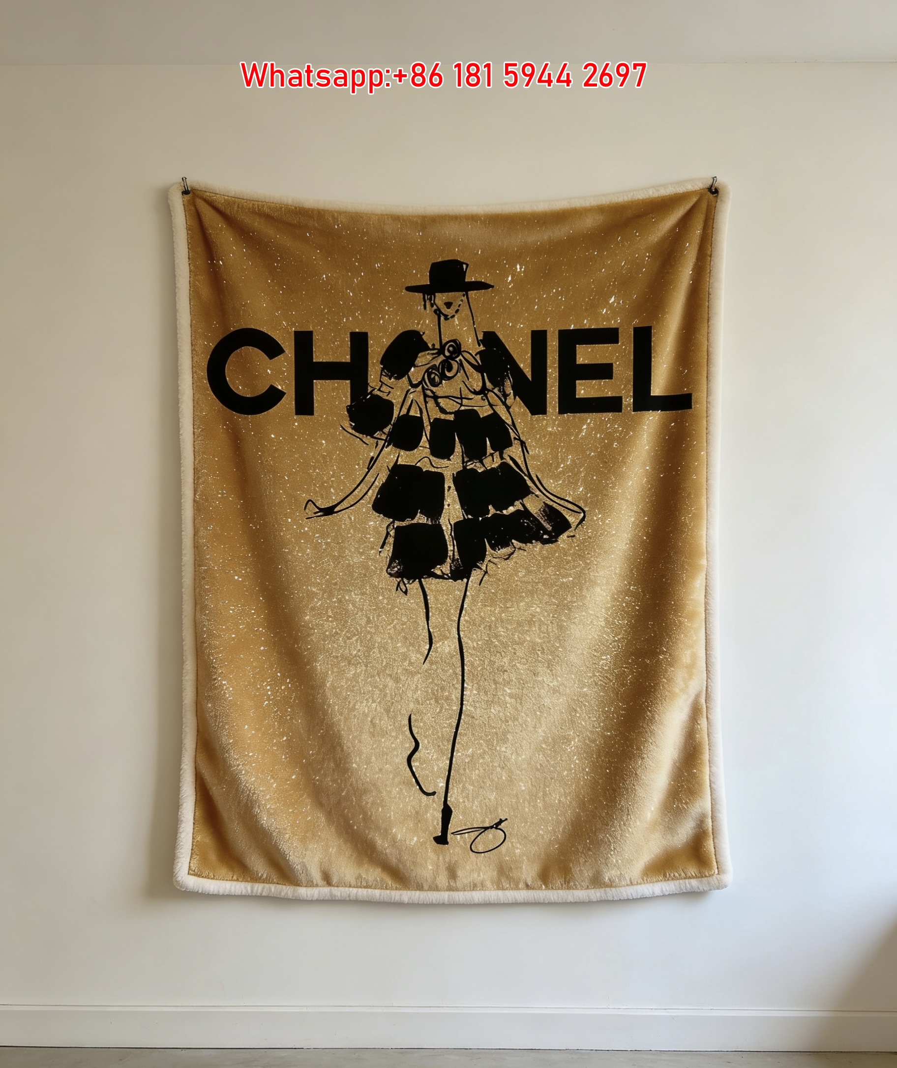 Chanel Gold Glitter Fashion Sketch Flannel Sofa Throw Blanket IMG_6819